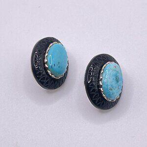Sterling Silver 925 Turquoise & Carved Onyx Oval Earrings With Butterfly Backs